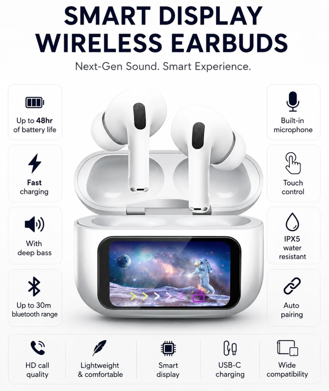 🎧 Smart Display Wireless Earbuds | 48H Battery Backup & Deep Bass