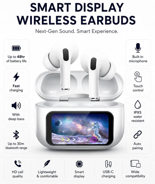 🎧 Smart Display Wireless Earbuds | 48H Battery Backup & Deep Bass